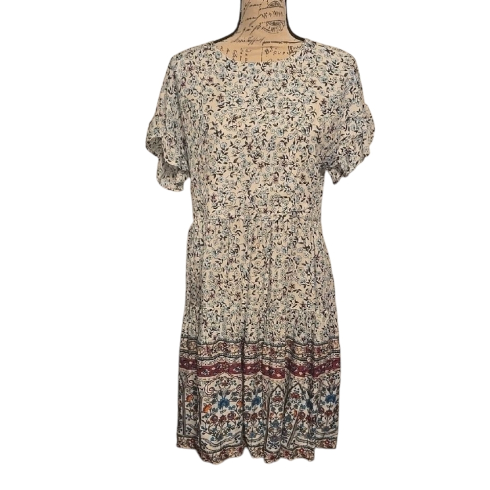 Cream and Brown Floral Flutter Sleeve Midi Sundress Women's Medium Nwot